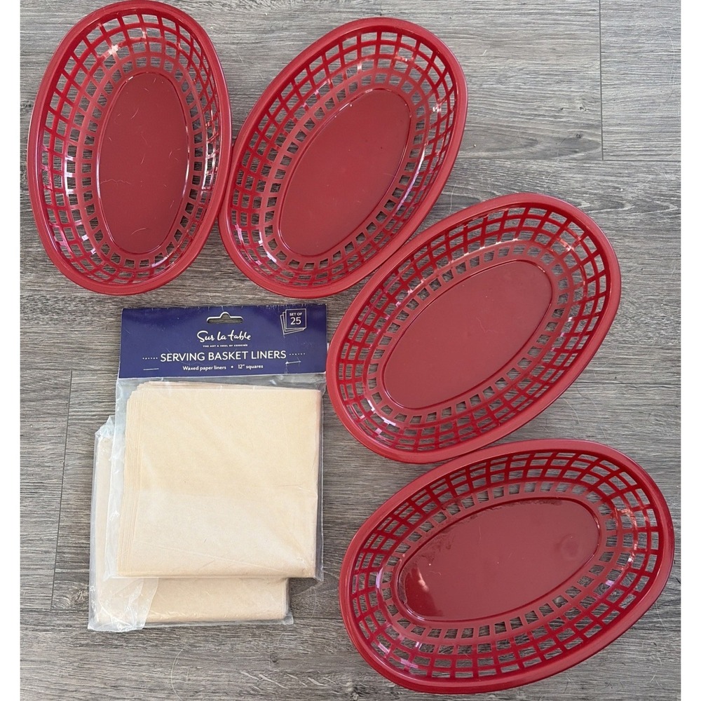 Lot of 4 Sur La Table Vintage Plastic Burger Fry Food Baskets & Wax Paper Liners